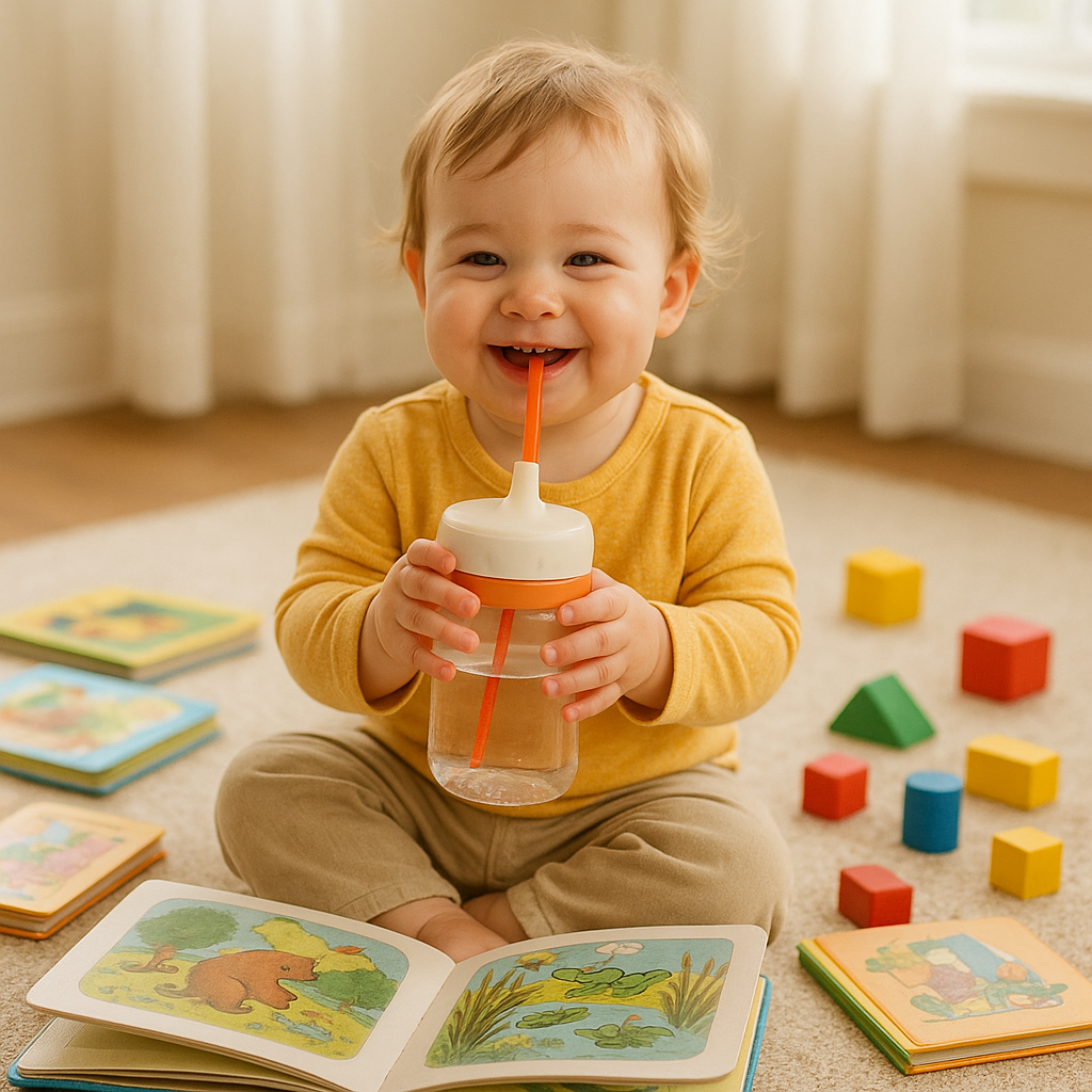 Toddler drinking water while reading books