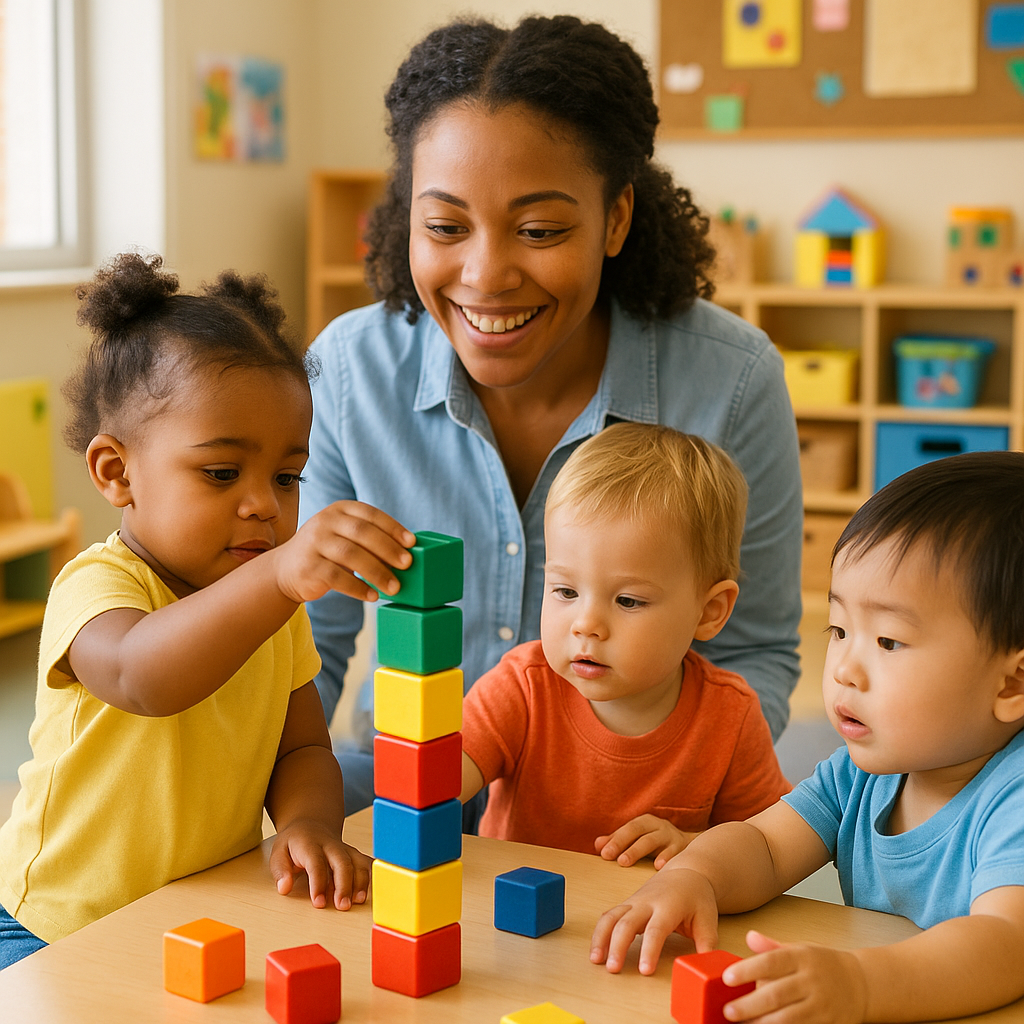 Toddlers collaborating with blocks