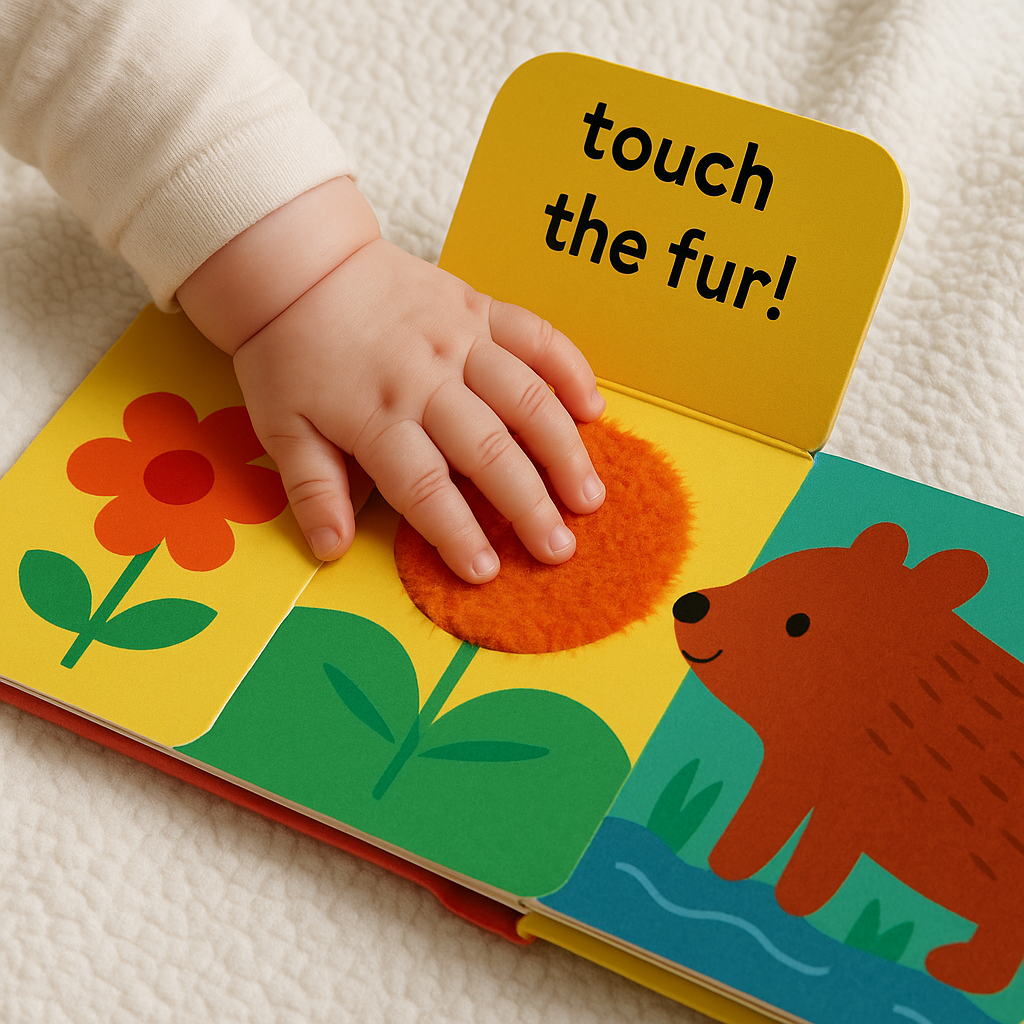 Baby exploring a fuzzy-textured page