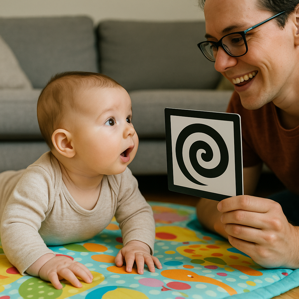 Baby doing tummy time reaching for a high-contrast card