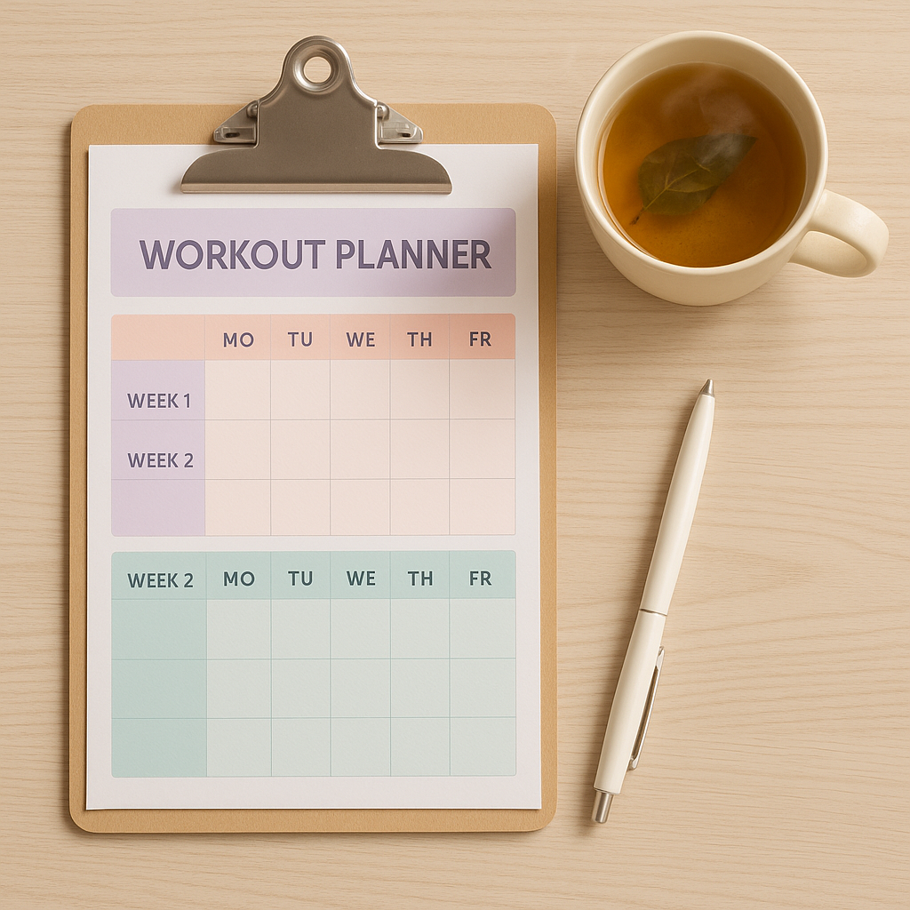 Printable two-week workout calendar on a clipboard next to herbal tea