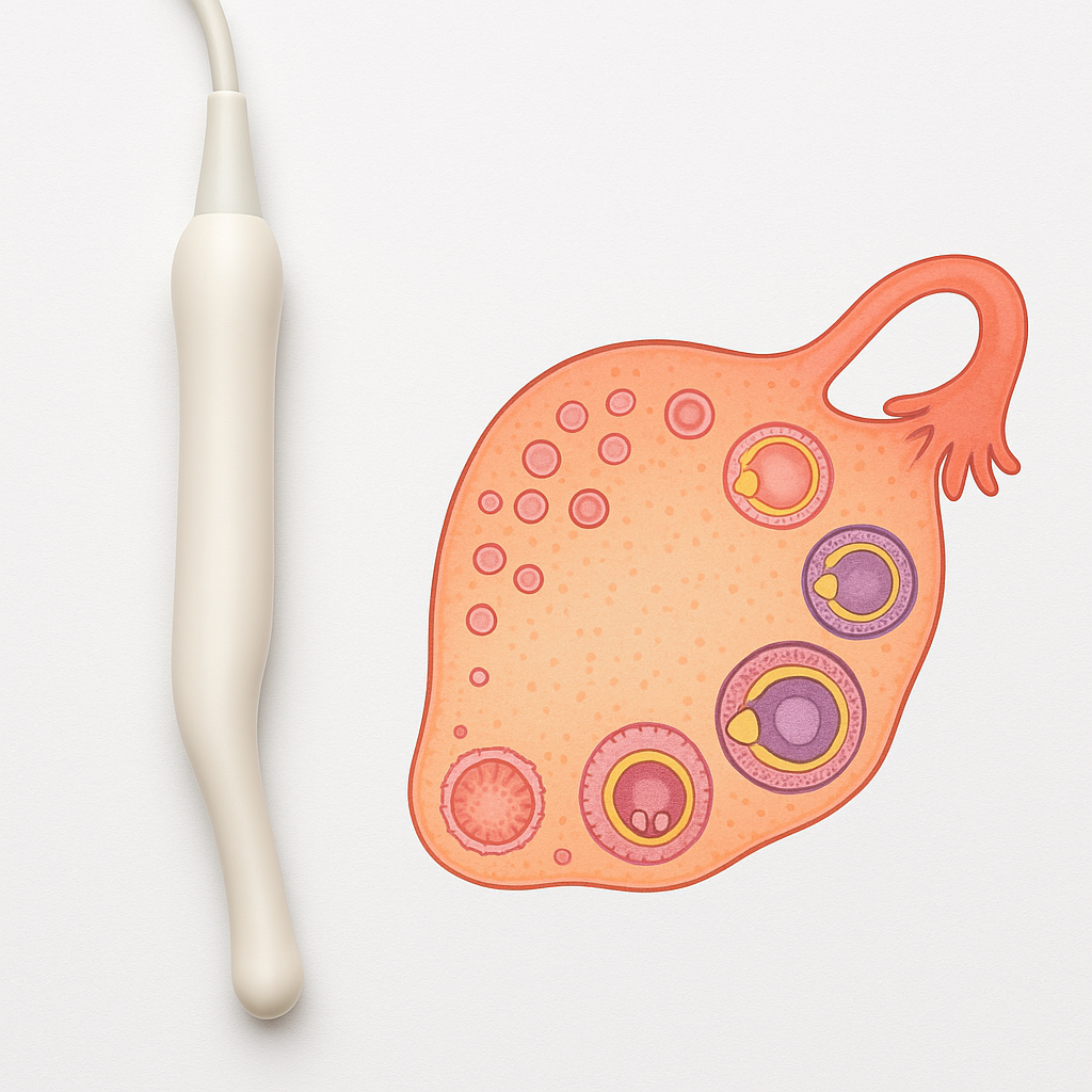 Ultrasound probe beside illustrated ovary