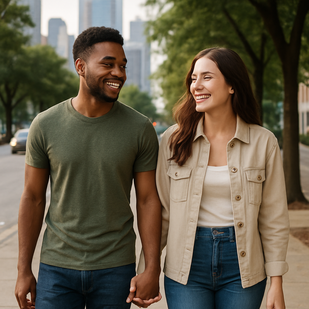 Couple walking on tree-lined city street