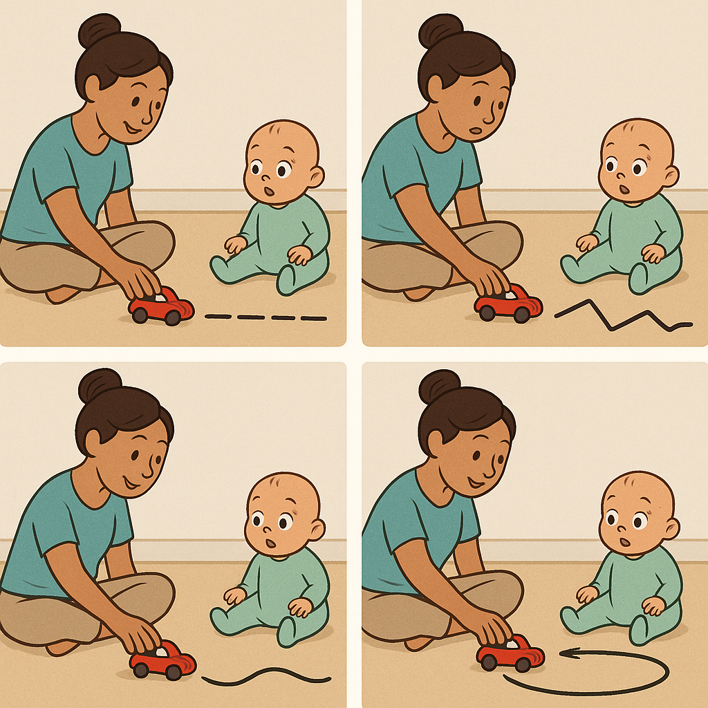 Caregiver rolling toy car in different ways