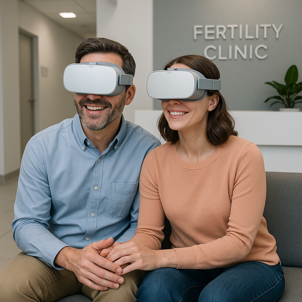 Hopeful couple wearing VR headsets in clinic lobby