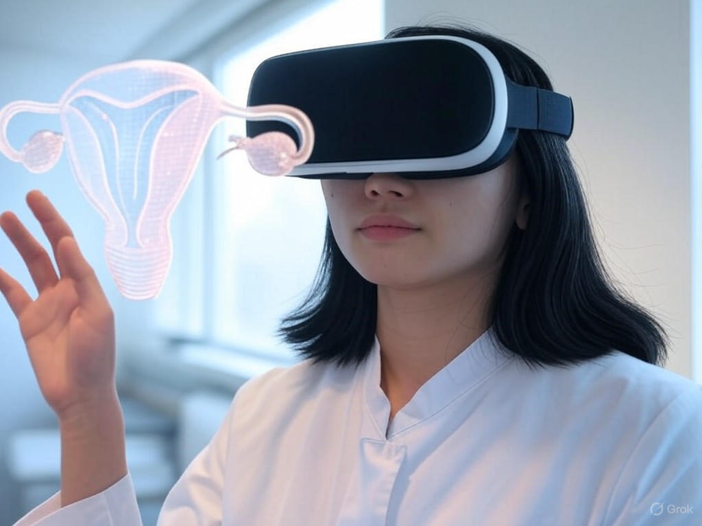 Woman wearing VR headset viewing holographic uterus