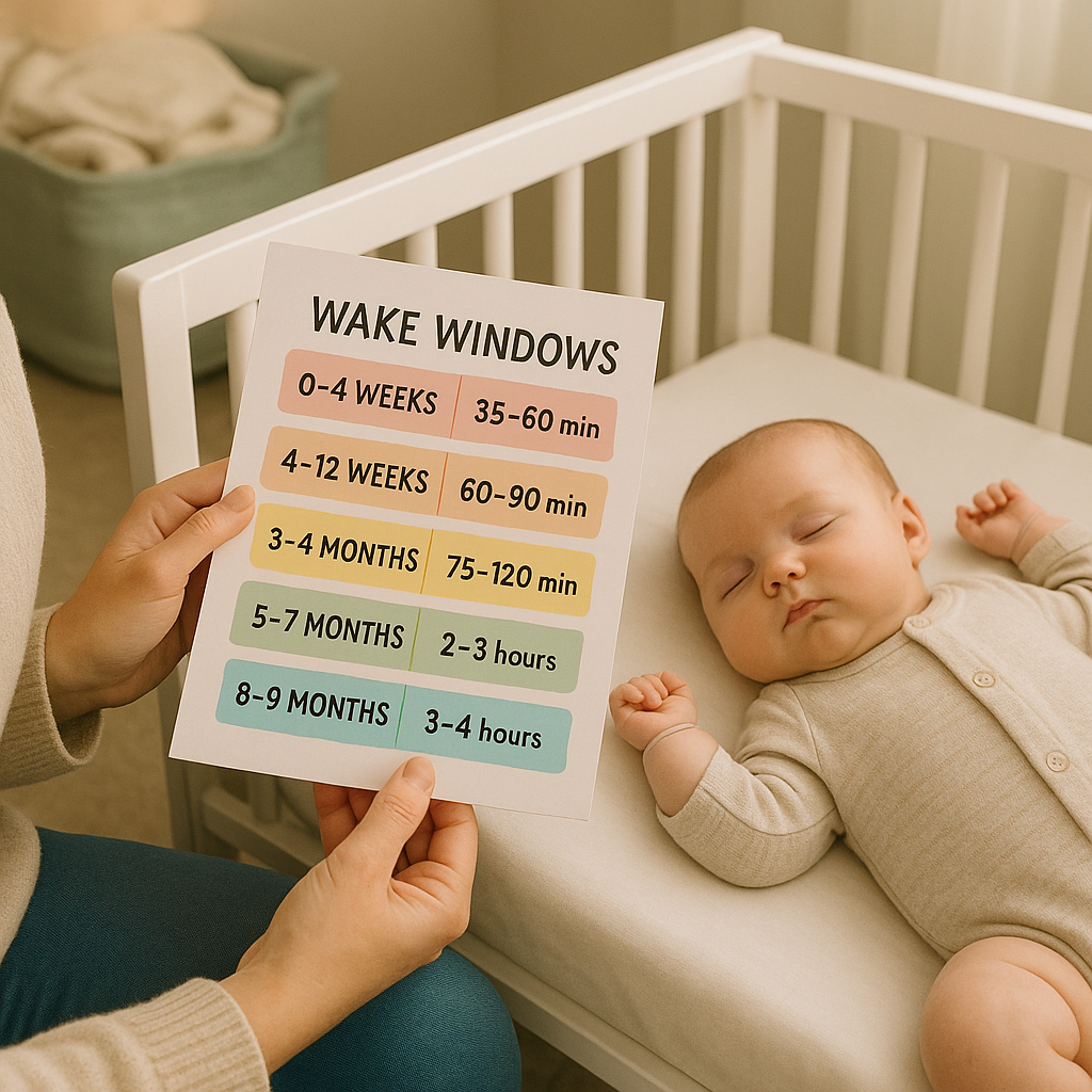 Parent checking colorful wake-window chart beside a napping infant