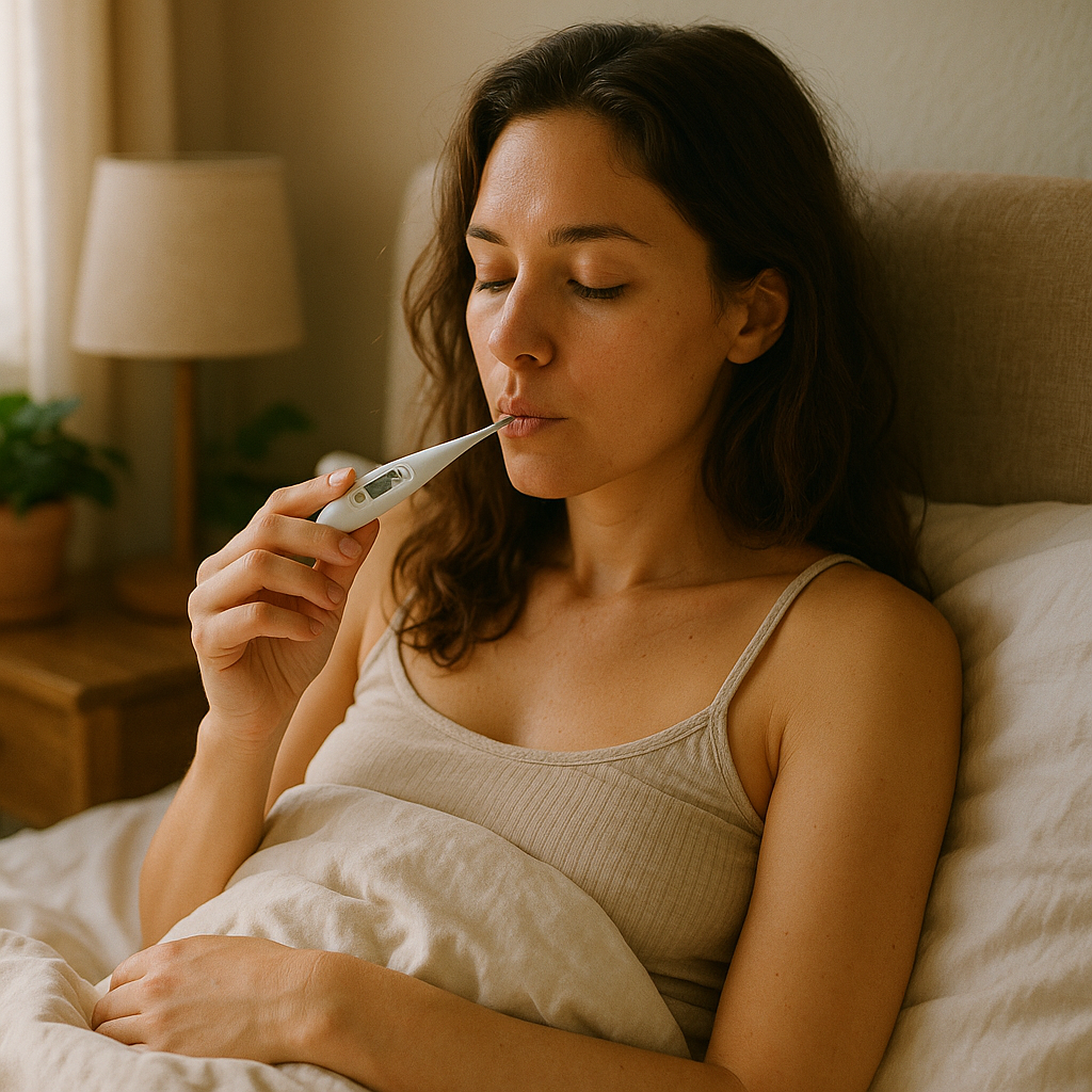 Woman taking basal body temperature in bed at dawn