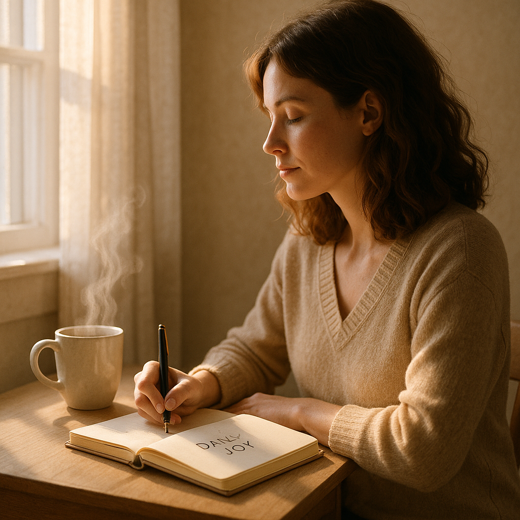 Woman writing in a journal beside a steaming mug